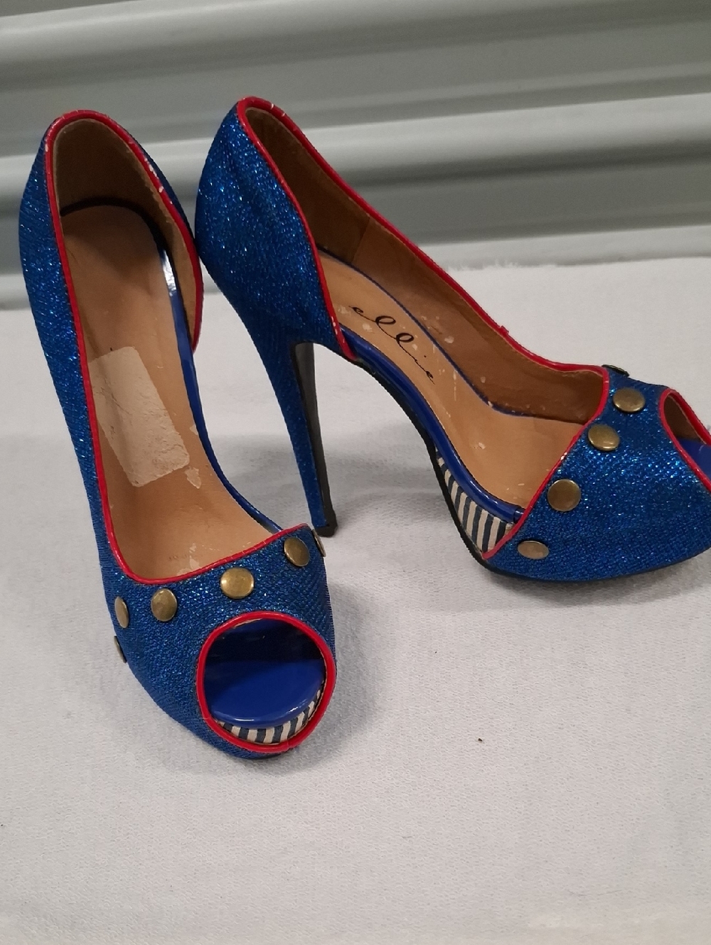 Blue Glitter Peep-Toe High Heels with Red Trim